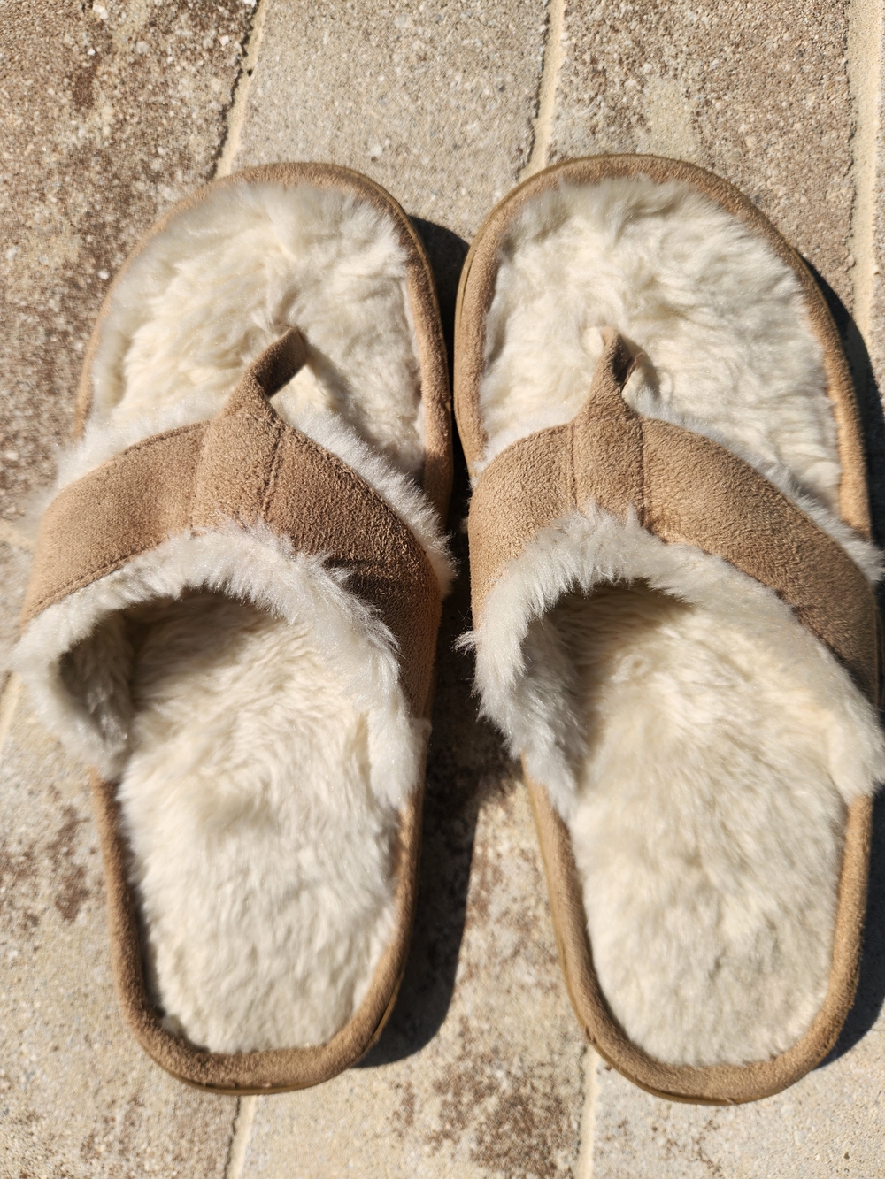 Aero Tan Suede Faux-Fur Flip Flop Hard Sole Slippers Size 5/6